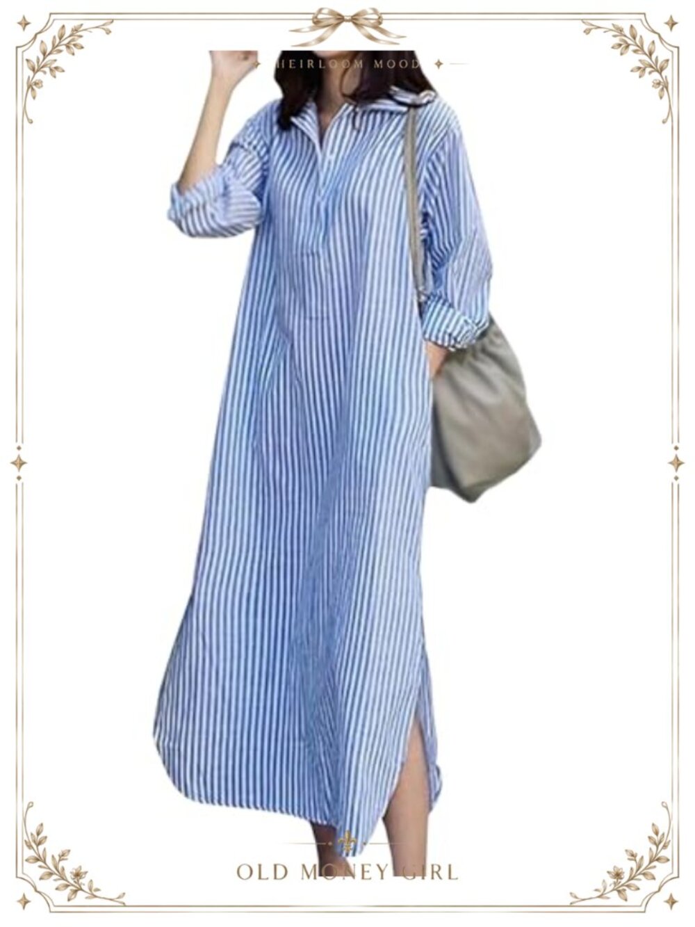 Women's Striped Maxi Shirt Dress Long Sleeve V Neck Belted Loose Slit